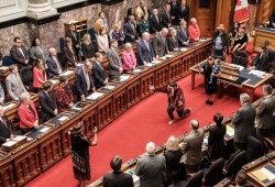 The Declaration on the Rights of Indigenous Peoples Act passed unanimously in Victoria on Nov. 28, 2019, making British Columbia Canada’s first province to legally recognize an international call to action. Pictured are First Nations performing in ceremony before MLAs as the legislation was introduced. (Ministry of Indigenous Relations and Reconciliation photo) 