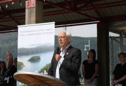 Standing at Port Alberni’s Harbour Quay on July 6, 2023, Murray Rankin, B.C.’s minster of Indigenous Relations and Reconciliation, announces over $5 million for the Tseshaht to acquire land in the Alberni Valley for housing development.