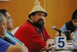“Our Ahousaht rights and authority are directly being disrespected,” said Ahousaht Tyee Ha’wilth Hasheukumiss, Richard George, during a Nuu-chah-nulth Council of Ha’wiih Forum on Fisheries meeting Feb. 12. He said that his nation relies on revenue from salmon farms, and was not consulted on an order for all net pens to be removed from the B.C. coast by June 30, 2029. (Eric Plummer photo)