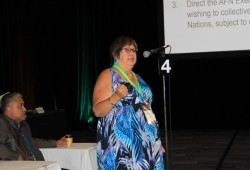 Judith Sayers speaks at the Assembly of First Nations in Vancouver in 2018. The NTC president said that the AFN's decision to remove the past national chief wasn't easy, but necessary due to Archibald's breach of the organization's code of conduct. (Eric Plummer photo)