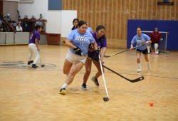 Alert Bay's Bench Warmers fight with Port Alberni's All Nations for the ball.