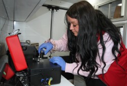 Brianna Rai, the NTC’s harm reduction coordinator, operates a new drug testing machine in a van operated by the tribal council to support substance users. (Eric Plummer photo)