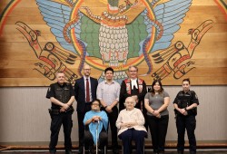 Tla-o-qui-aht First Nation (TFN) Justice Manager Curtis Joseph said that the impaired operation of vehicles and vessels is an ongoing and high concern in their community, which is located roughly 15 minutes from Tofino. Joseph is pictured in the centre with other members of the Tla-o-qui-aht Justice Council. (Nora O’Malley photo)