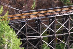 Three trestles were damaged during a forest fire by Cameron Lake in 2025, bringing an estimated repair cost in the tens of millions. (Benjamin Hazel photo)