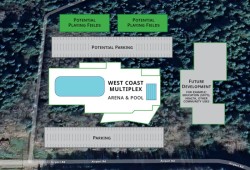 The West Coast Multiplex is planned to provide the use of an NHL-sized arena that would be transitioned for dry-floor use in the summers and a pool with diving boards, a water slide, and hot tub for 8,700 residents living throughout the eight communities in the Clayoquot Sound region. (West Coast Multiplex Society map)