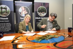 On Dec. 16 Huu-ay-aht Chief Councillor John Jack signed an agreement with Jodie Wickens, B.C. Minister of Children and Family Development, that pledges to give the First Nation a stronger voice in child welfare matters affecting its members. (Eric Plummer photo)