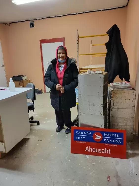 Winnie John stands in the new Ahousaht Port Office, located in the basement of the Cha Chum Hiyup (Holistic Health) building. (June Titian photo)