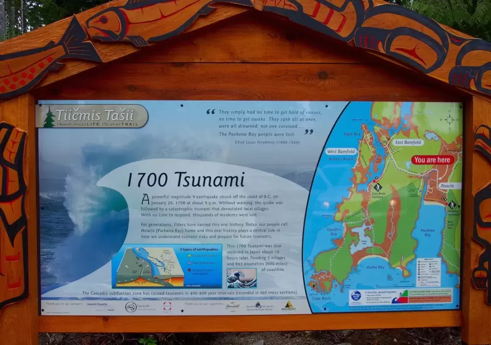 Information sign along the Tiicmis Tasi (Life Trail) in Anacla tells of the tsunami disaster of 1700. Geology points to older tsunami sites along the west coast of the Island. (Mike Youds photo)