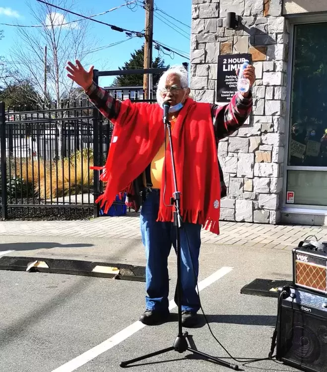 Bill Jones, Pacheedaht elder, speaks at a rally against old growth logging at Fairy Creek. (Fairy Creek Blockade/Facebook photo)