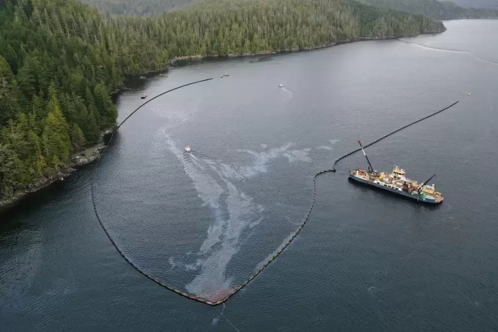 Oil containment booms have been deployed off Bligh Island in Nootka Sound since early December. (WCMRC photo)