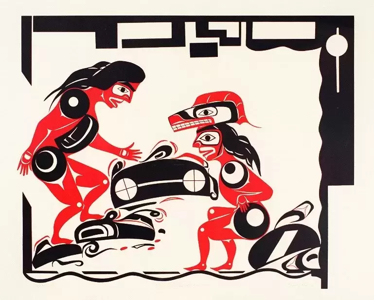 A depiction by artist Tim Paul of the Nuu-chah-nulth earthquake foot in drum legend. (Tsunami Risk Project/SRD)