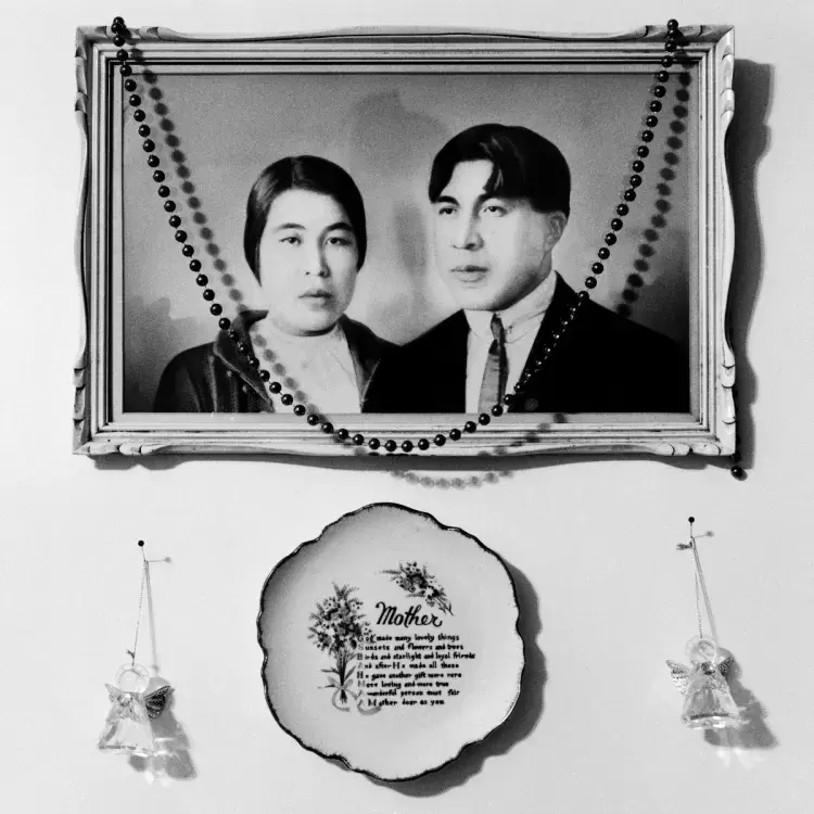 A photograph of Helen Dick's parents, John and Bessie, hangs on a wall inside her home in Port Alberni. It was taken on their wedding day.  When Helen was growing up, her mother used to say, "if someone wants to learn about their culture, their language or their territories, you need to help teach them. Give them your knowledge. Don't ever tell them, 'that's not right – you said it wrong, because they might just give up,'" on Jan. 20, 2021.