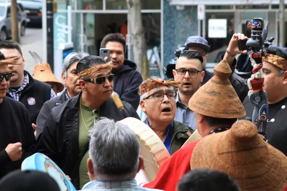 Nuu-chah-nulth-aht celebrate the Justification Ruling outside the B.C. Supreme Court in Vancouver in 2018. (Eric Plummer photo) 