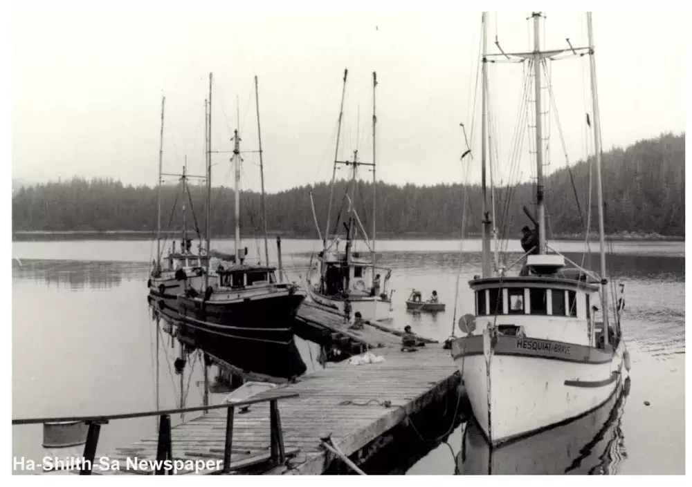 Hesquiaht Fishing Fleet as it looked decades ago tied up at Hot Springs Cove.