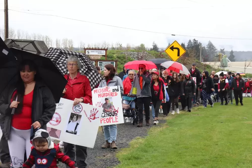 Dozens of supporters marched in the spring rain, drawing attention to missing/murdered Nuu-chah-nulth-aht