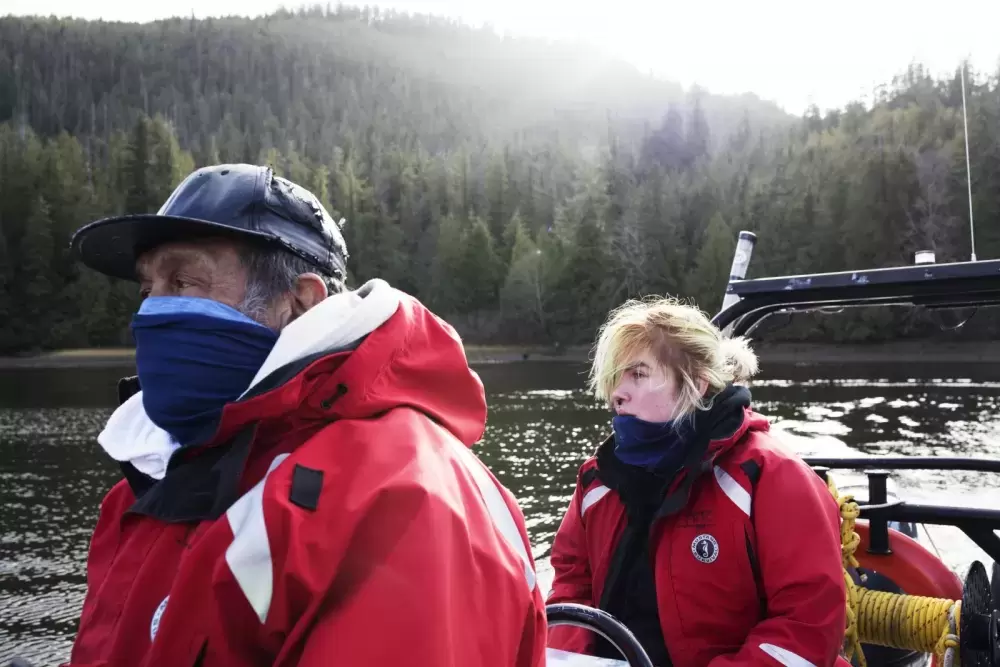 Joe Titian and Brianna Lambert look to their instructor during practical training as part of the Captain's Boat Camp, in Cannery Bay, near Tofino, on Feb. 22 2021. Photograph by Melissa Renwick
