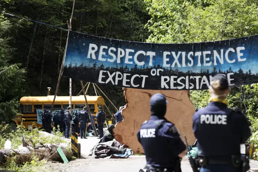 Dozens of RCMP circled the Cayuse old-growth logging blockade to arrest protestors, on May 19, 2021.
