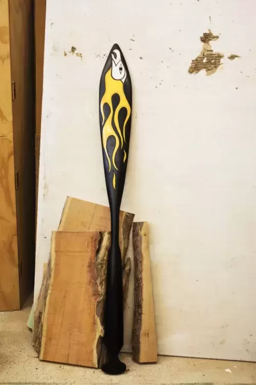 The first paddle in Rodney Sayers' hot rod series sits in his Port Alberni studio, on October 4, 2021. (Melissa Renwick photo)
