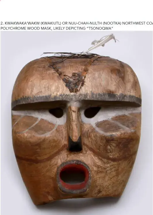 According to an appraiser, this mask is Kwakwaka’wakw or Nuu-chah-nulth, “likely depicting Tsonoqwa”.