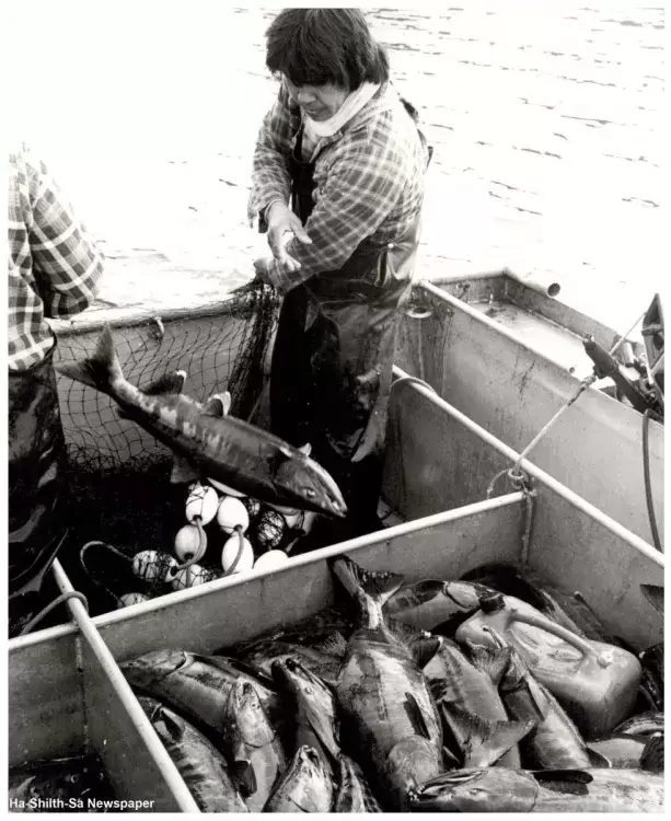 Ahousaht Fisheries Manager, the late Darrell Campbell, hauling in home-use dog (Chum) salmon. 