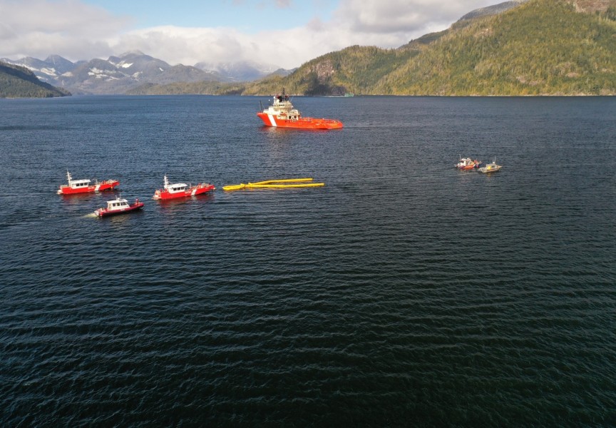 Canadian Coast Guard vessels during spill response operations off Bligh Island.