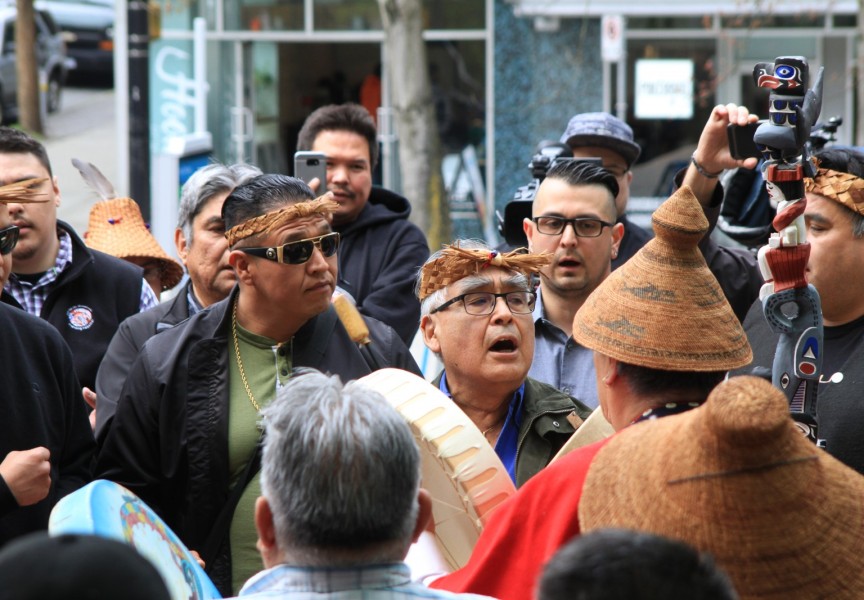 Nuu-chah-nulth-aht celebrate the Justification Ruling outside the B.C. Supreme Court in Vancouver in 2018. (Eric Plummer photo) 