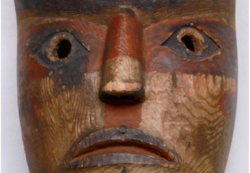 This mask in the university’s collection is believed to be Nuu-chah-nulth, described by an appraiser as a “wood portrait face mask with red ochre, grey-blue and black painted geometric decoration.”
