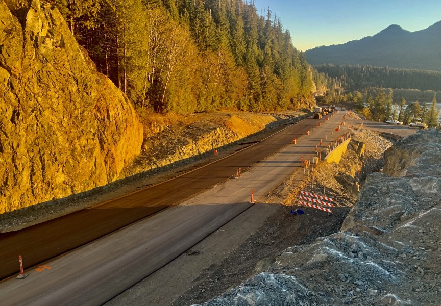 Highway 4 paving is underway just east of the now complete Kennedy Hill Safety Improvement Project. (B.C. Ministry of Transportation and Infrastructure photo)