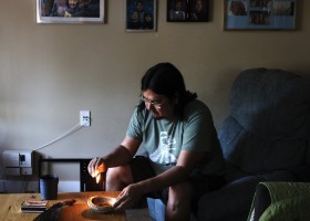 Chris Seitcher, Tla-o-qui-aht First Nation cultural support worker, cleanses himself with sage inside his home in Ty-Histanis. "Once I've created a safe space with myself, then I'm able to create a safe space in my house and I'm able to create a safe space with whoever comes into the house," said Seitcher. "When I pray and do ceremonies, I'm able to allow protection or safety or the good energy or the good spirits to come towards me."