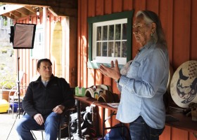 Joe David (right), a founding member of Carving on the Edge Festival, and Gordon Dick film a video segment for this year's virtual festival at the Tofino Botanical Gardens, on March 6, 2021. Photograph by Melissa Renwick